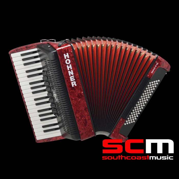 Hohner Bravo III 80 Bass Piano Accordion Red Pearl Finish with Straps and Padded Gig Bag